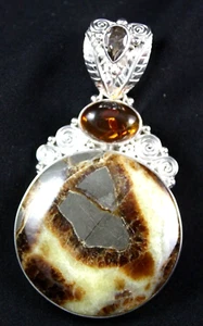 NEW!! Sajen Septarian Marble, Amber, Smoky Quartz Pendant Sterling Silver .925 - Picture 1 of 8