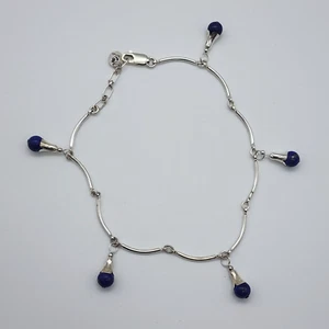 Carolyn Pollack Lapis Lazuli Dangle Bead Sterling Bracelet Anklet 8.8" - 9.7" - Picture 1 of 12
