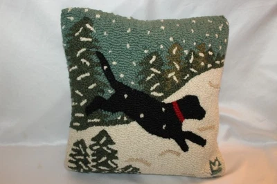 CRATE & BARREL Christmas Xmas SNOWDOG Hooked Wool Pillow 18 x 18 Zippered - Image 1 of 4