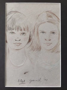 1977 20thC Graphite Portrait of two girls with piercing eyes, B Pope, Greenwich - Picture 1 of 9