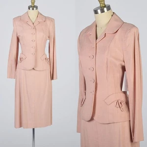 1950s Vintage Pink Skirt Suit Solid Pink Wasp Waist Pin Up Hourglass Pastel VTG - Picture 1 of 12