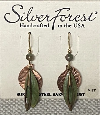 New Silver Forest Green Leaf Copper Earrings Handcrafted Layered Surgical Steel - Image 1 of 3