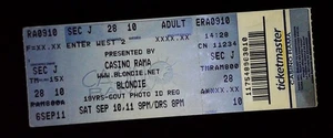 Biglietto Blondie Casino Rama Resort Orillia concerto completo inutilizzato Stub 9/10/2011 - Foto 1 di 2