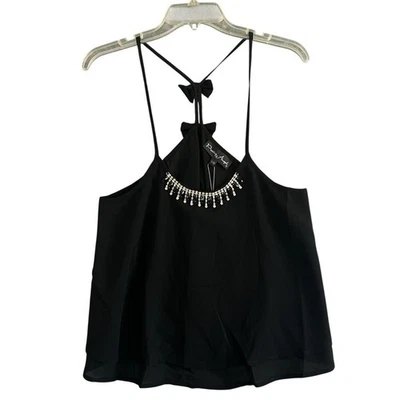 Camiseta sin mangas PRETTY ANGEL mezcla de seda cristales lazos negra talla S/M nueva con etiquetas Foto 1 de 4