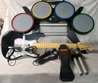 Xbox 360 Rock Band Drums w/ Pedal, Guitar & Microphone All Wired No Sticks, Game - Image 1 of 4