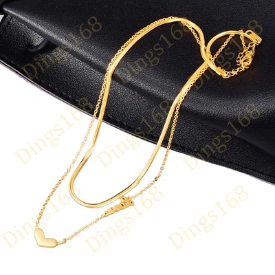 Collar de 2 capas de corazón cadena serpiente plana/cable hipoalergénico lleno de oro de 18 quilates Foto 1 de 2