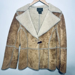 Cappotto Brandon Thomas vintage Y2K marrone pelle scamosciata foderato in pile con bottoni a levetta M - Foto 1 di 7