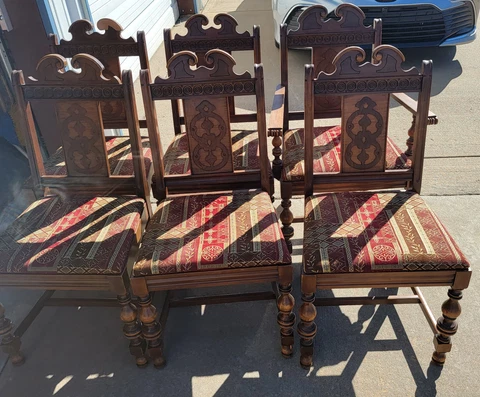 Vintage Victorian Oak 6 Piece Dinning Room Chair Set With Captains Chair Cover