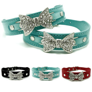 Bling Crystal Rhinestone Bow Tie Suede Leather Pet Cat Puppy Dog Collar S M L