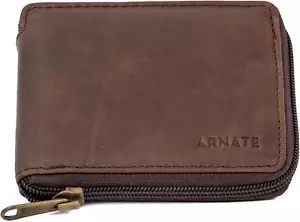 Mens Zip around Oil Pull up Brown Genuine Leather Wallet RFID Blocking Black Bro - Picture 1 of 8