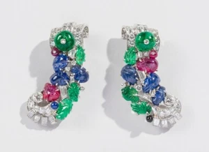 Classic Floral Leaf Design Multi Color Gemstones & Lab-Created Diamonds Earrings - Picture 1 of 4