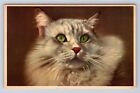 VINTAGE WHITE FLUFFY CAT WITH GREEN EYE PAINTED POSTCARD BM