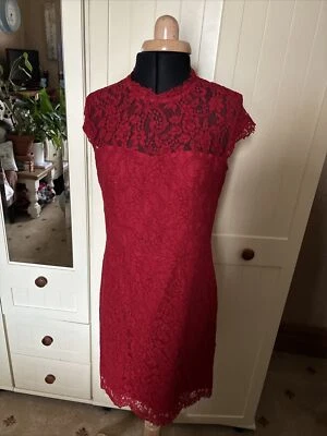 Vestido ESPRIT Damas Hasta la Rodilla Talla 10 Rojo Encaje Mezcla Algodón Manga Casquillo Forrado Foto 1 de 4