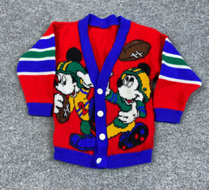 VTG 80s Disney Mickey Mouse Football Pattern Cardigan Sweater Youth 4T