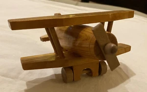 Handmade Oak Bi Plane Airplane Propeller & Wheels Turn Toy Or Ornament 5x5x2.5” - Picture 1 of 11