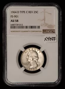 1964-D 25c Washington Quarter - FS-901 Type-C Rev of 65 - NGC AU 58 - X4077 - Picture 1 of 6