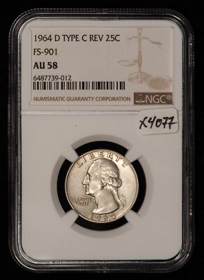 1964-D 25c Washington Quarter - FS-901 Type-C Rev of 65 - NGC AU 58 - X4077 - Image 1 of 4