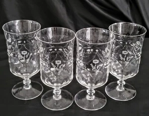 Vintage 4 ROCK SHARP CRYSTAL  OPTIC DETAILED Etched FLORAL GOBLETS Water Glasses - Picture 1 of 4