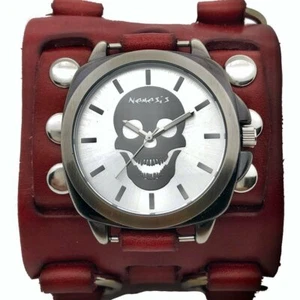 NEMESIS skull watch with Red detail 3 strip leather cuff band RWB935S  - Picture 1 of 1