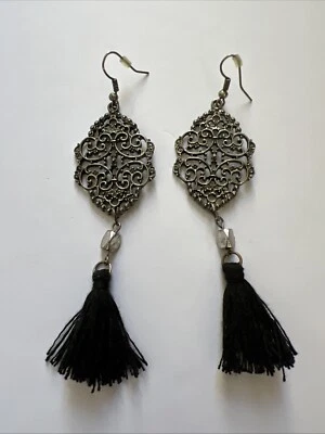 Pendientes bereberes marroquíes disco filigrana plata borlas negras colgantes gota 22p Foto 1 de 4