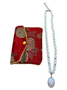 Opalite Beaded Necklace With Pendant & Red Floral Brocade Storage Pouch - Picture 1 of 5