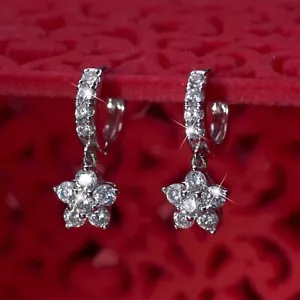 18k White Gold GF Silver Round Huggies Crystal Flower Drop Dangle Earrings Small - Picture 1 of 6