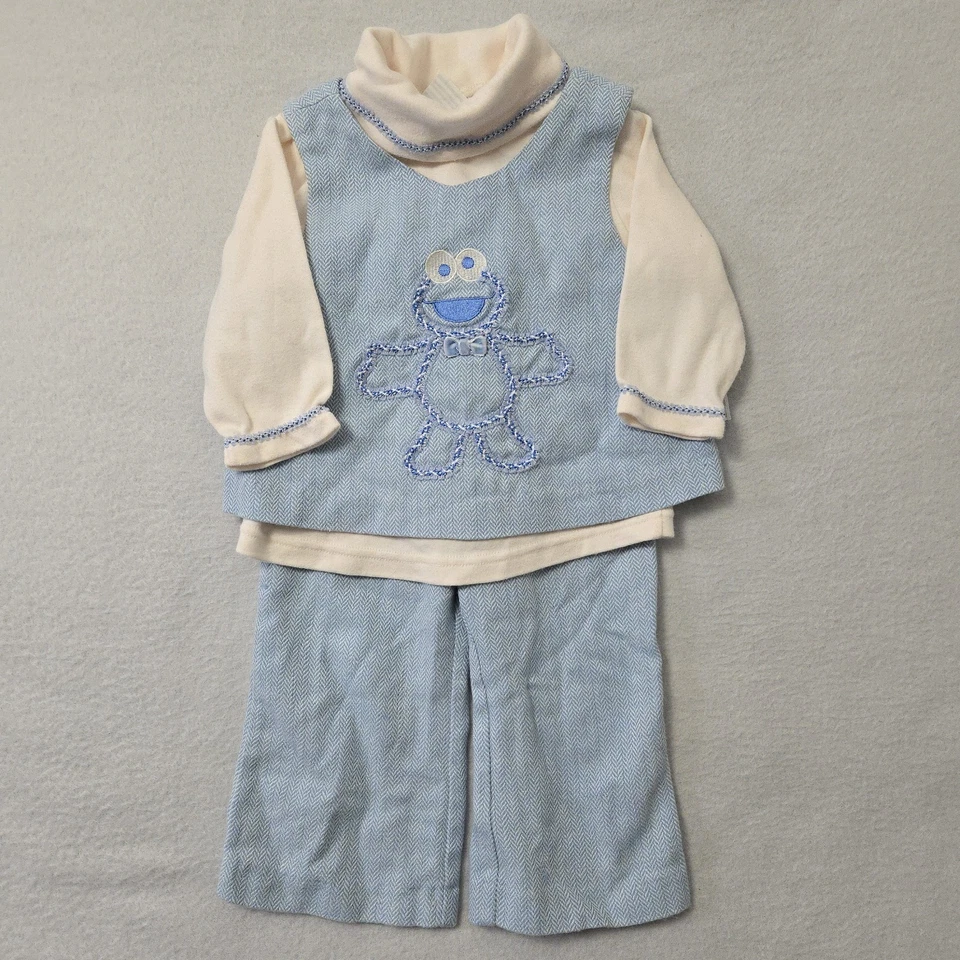 Vintage Sesame Street Baby Cookie Monster Blue 3 Piece Outfit Set 18M Month - Image 1 of 4