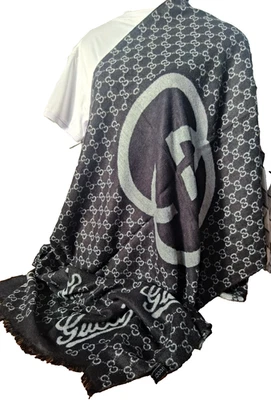 GG GUCCI 围巾 温暖 65% 羊毛 35% 羊绒披肩 柔软裹巾 毛皮 — 第 1/4 张图片