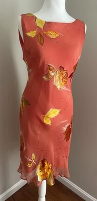 Vintage MANNEQUINES Women L Dress 100% Silk 90s Y2k Bias Cut Coral Fall Leaf USA - Image 1 of 4