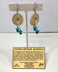 Orecchini Alaska fatti a mano piume di porcospino, corna di caribù, pietre turchesi NUOVI - Foto 1 di 6