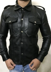 NEW MEN'S STYLISH BLACK SHIRT JACKET GENUINE LAMBSKIN SOFT BIKER MOTO SNAP - Picture 1 of 5