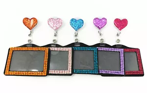 Bling Glitter Heart Retractable Reel swivel Clip with Horizontal ID badge holder - Picture 1 of 16