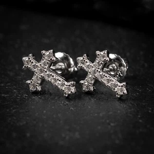 White Gold Plated 925 Sterling Silver Iced Cz Men Cross Stud Screw Back Earrings - Picture 1 of 5