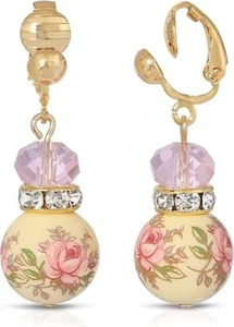 1928 Jewelry Pink Floral Decal Beaded Clip On Earrings - Picture 1 of 1