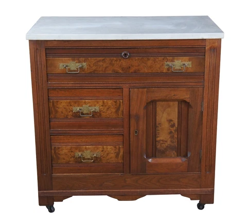 Antique Victorian Eastlake Walnut Burl Marble Washstand Chest Cabinet Towel Bar Cover