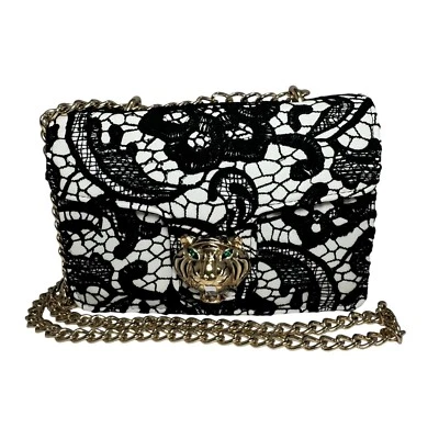 Betsey Johnson Lady Lace Crossbody Shoulder Bag Crystal Gold Tiger clasp NEW - Image 1 of 4