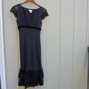 Ann Taylor Loft Dresses Womens 4 Black Silk Midi Lace Trim whimsigoth vamp VTG - Picture 1 of 15