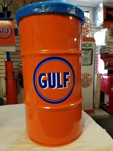 BOTE DE BASURA DE ACERO DE 16 GALONES ACEITE DEL GOLFO 1930 DÉCADA 1940 DÉCADA 1950 VINTAGE ESTILO GASOLINERA - Imagen 1 de 9