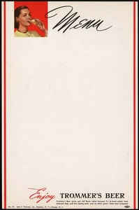 Vintage menu TROMMERS BEER woman pictured Brooklyn NY Orange NJ unused n-mint - Picture 1 of 3