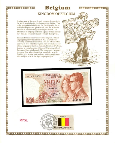 Belgium 50 Francs 1966 P 139a.3 UNC w/FDI UN FLAG STAMP Kestens 1011L 252602563 Cover