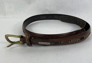 Columbia Sportswear Brown Leather Belt Sz 48 Southwestern Tribal Woven Inlay - Picture 1 of 18