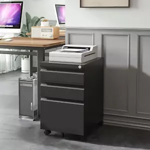 Rollcontainer Metall, Mobiler Aktenschrank Büroschrank mit 3 Schubladen Schwarz - Bild 1 von 9
