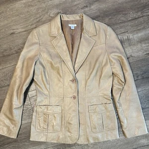 Vintage Leather Jacket Women Medium Halogen Brown Button Pocket Mid Length - Picture 1 of 8
