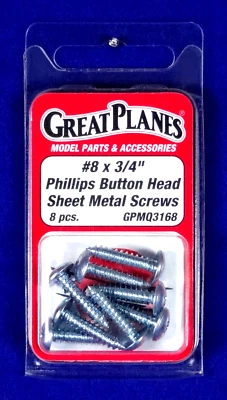 GREAT PLANES #8 X 3/4" BUTTON HEAD SHEET METAL SCREWS (8)( PART # GPMQ3168 ) - Image 1 of 2