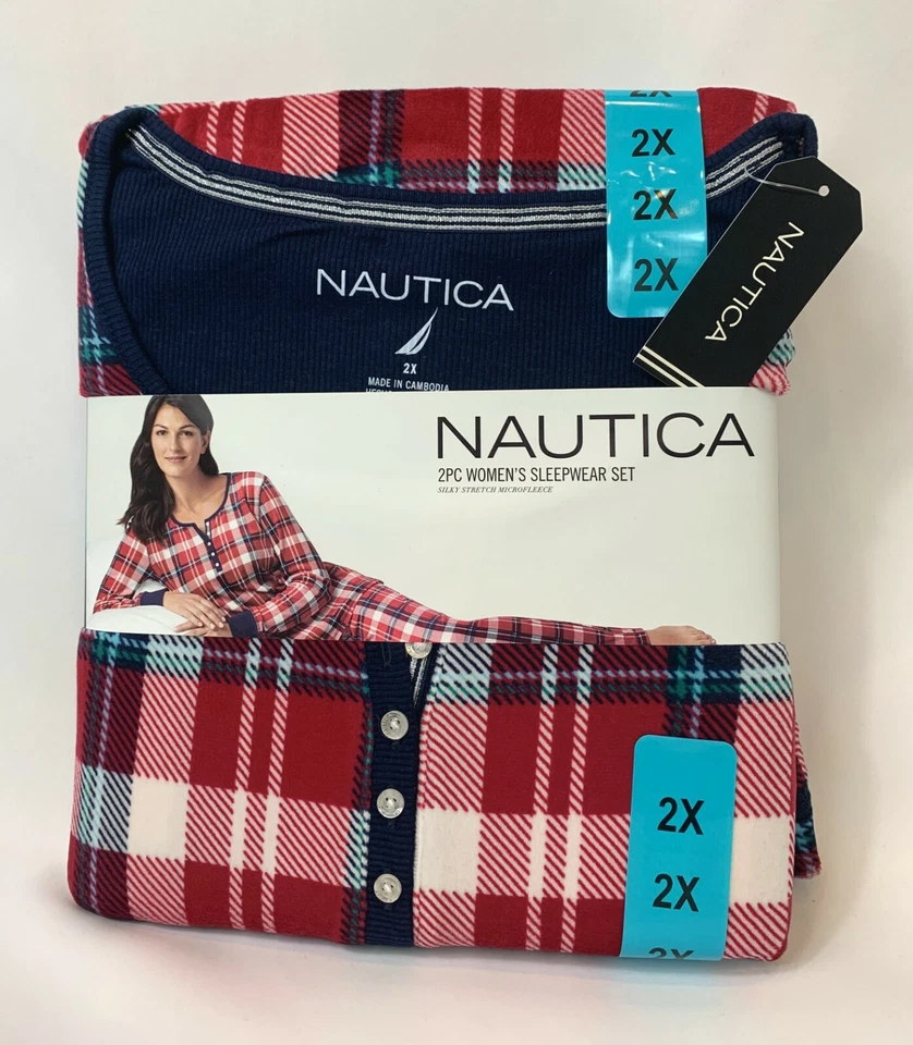 NAUTICA Womens Size 3-Piece Red Plaid Silky Stretch Micro-Fleece Pajamas Set