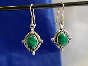 Sterling Silver Green Malachite Earrings 4.84g Fine Jewelry Dangle Hook Backs - Picture 1 of 24