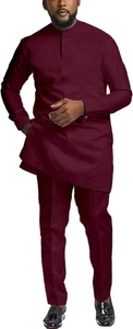African Suits for Men Slim Fit Burgundy 2 Piece XL Dashiki Long Sleeve Shirt - Picture 1 of 5