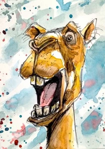 NEW! 2.5 x 3.5 inches, ACEO watercolor painting cartoon camel - Picture 1 of 1