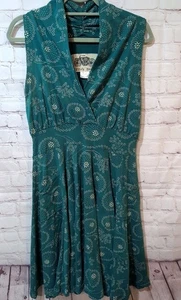Effie's Heart Dress L Teal Green & Cream Abstract Sleeveless Fit & Flare Pockets - Picture 1 of 13