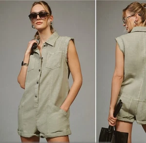 Pilcro by Anthropologie Mechaniker Strampler mit Knopfleiste Leinen Baumwolle grün Gr. M - Bild 1 von 14